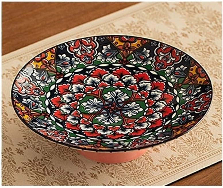 Retro Underglaze Painted High Legged Ceramic Fruit Plate of Snacks Dried Fruits Tea Pastries