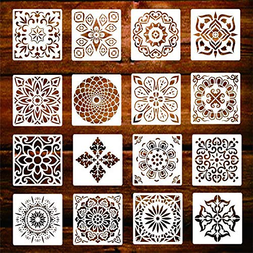 Mandala Stencil Art Set, 16 stuks Herbruikbare Schilderij Stencils Tegels Sjabloon Set voor Muur, Meubels, Vloer, Raam, Stenen, Stof/Weefsel, Tegel Schilderen en Scrapbook