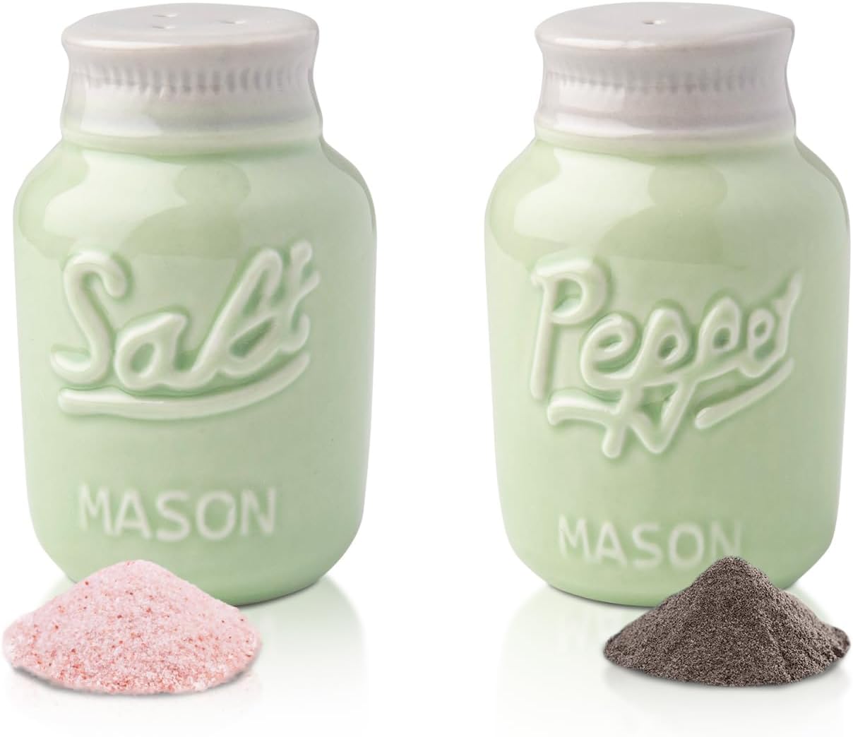 Comfify (sagegreen) - Vintage Mason Jar Salt & Pepper Shakers - Adorable Decorative Mason Jar Decor for Vintage, Rustic, Shabby Chic - Sturdy Ceramic in Green - 100ml Cap.