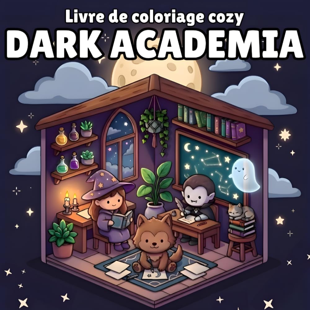 Coloriage Cozy Dark Academia: 60 Scènes Magiques & Apaisantes — Bibliothèques, Bougies et Créatures de Nuit, Livre de Coloriage Bold & Easy pour Ados et Adultes