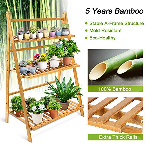 OGORI Bamboo Wood Ladder Plant Stand 3-Tier Foldable Organizer Flower Display Shelf Rack for Home Patio Lawn Garden Balcony Holder (3 tier(Large))