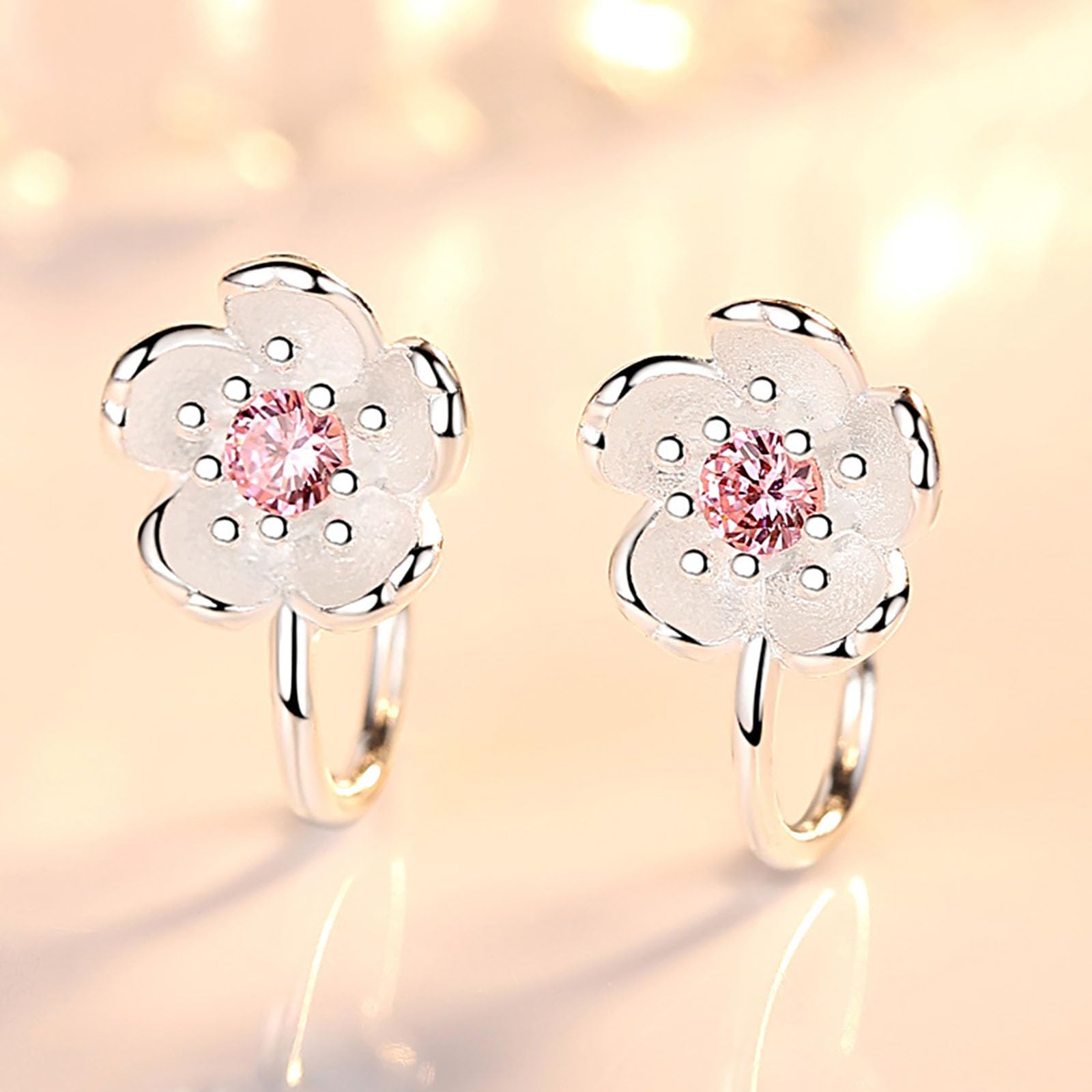 3 Paia Orecchini Clip per Donna Bambina Zirconi Orecchini Fiore e Fiocco di Neve Argento Ear Cuff Fiore Orecchino Senza Buco Piccoli Finti Orecchino in Argento 925 Donna Brillante Anallergici