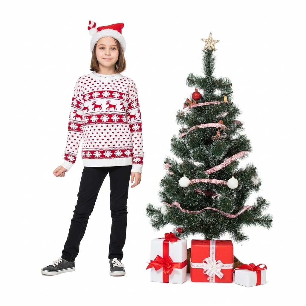 Children's Kids Girls Boys Merry Christmas Reindeer Rudolph On The Wall Christmas Long Sleeve Pompom Xmas Jumper 5-13