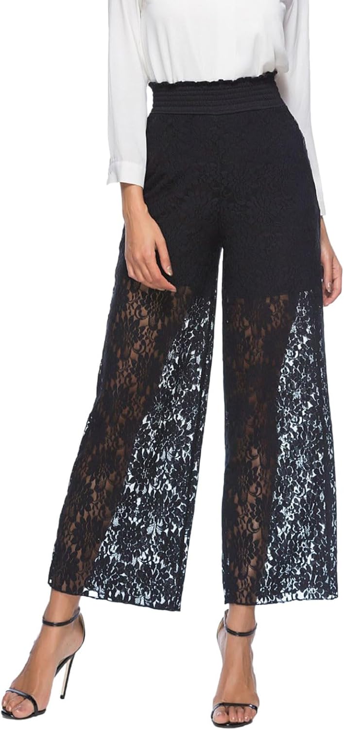 Women Sexy See Through Lace Pants Sheer Mesh Elastic High Waist Wide Leg Pants Hollow Out Party Vacation Trousers