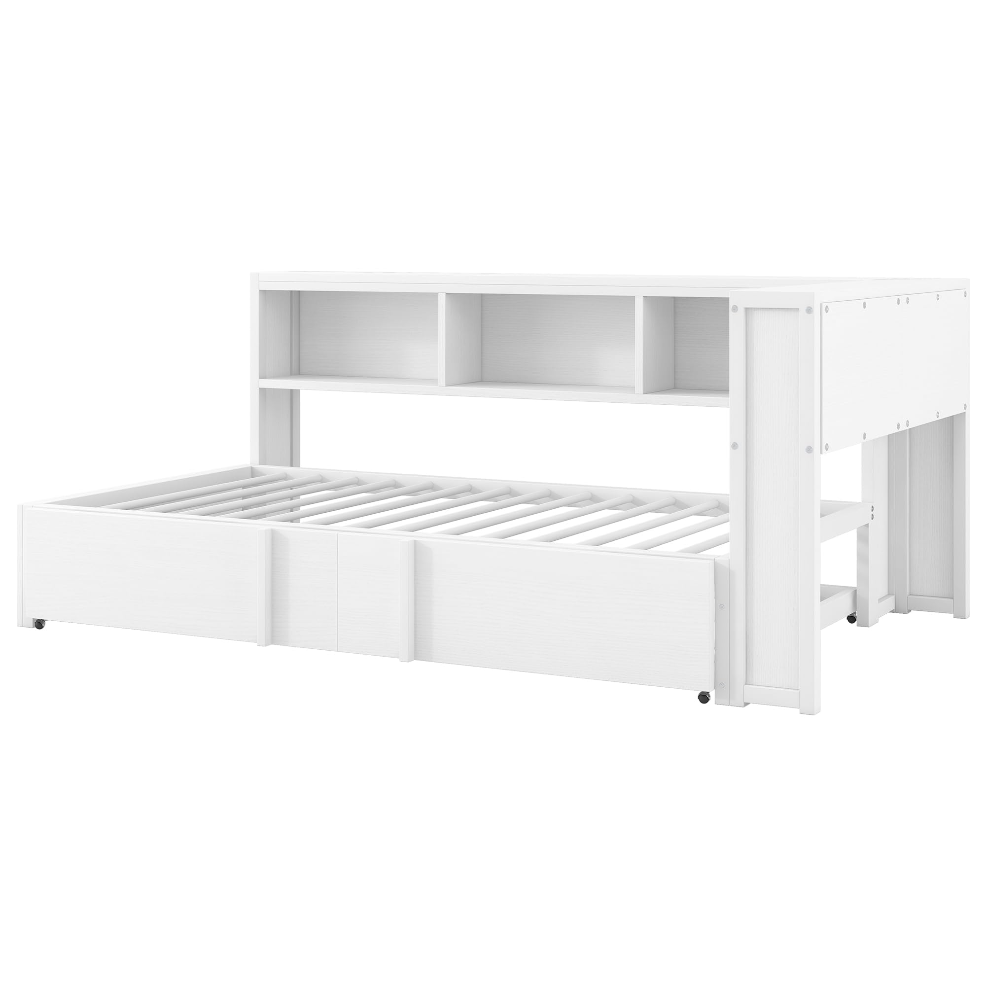 Lexiou Cama de metal de 90 x 200 cm con cama nido, armarios de almacenamiento, iluminación LED y puertos USB (blanco)