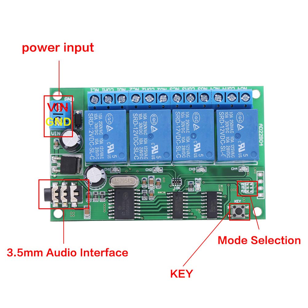 Relé de decodificador de 4 canales, relé de decodificador de señal de tono AD22B04 12V DTMF (10A / 250VAC, 10A / 125VAC, 10A / 30VDC, 10A / 28VDC, 10A / 12VDC)
