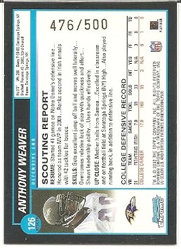 Anthony Weaver 2002 Bowman Chrome Refractor #476/500 Baltimore Ravens Rookie Card #126