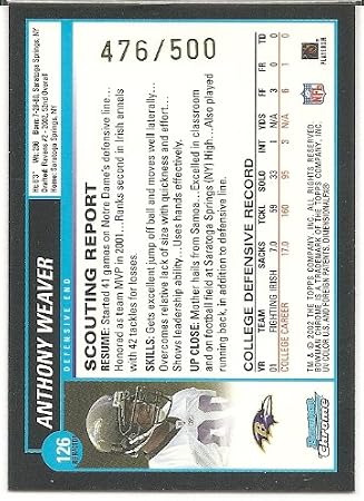 Anthony Weaver 2002 Bowman Chrome Refractor #476/500 Baltimore Ravens Rookie Card #126