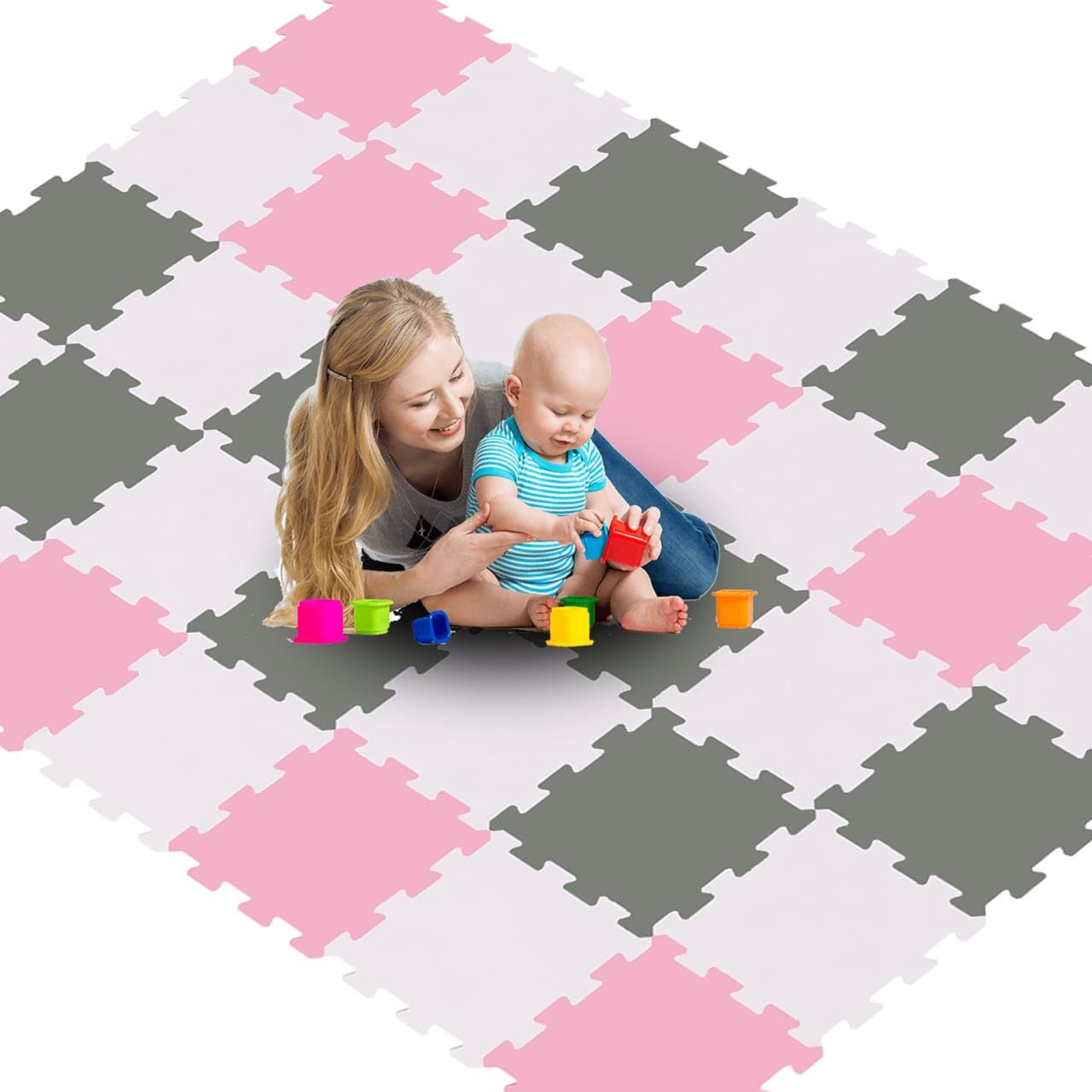 Kids Play Mat, Boys & Girl Birthday Xmas Gift Living Room Mat, Toddler Soft Foam Floor crawling Carpet, Eva Interlocking Exercise Yoga Gym (Pink, 16 pcs = 4 Pink + 4 Grey + 8 white)