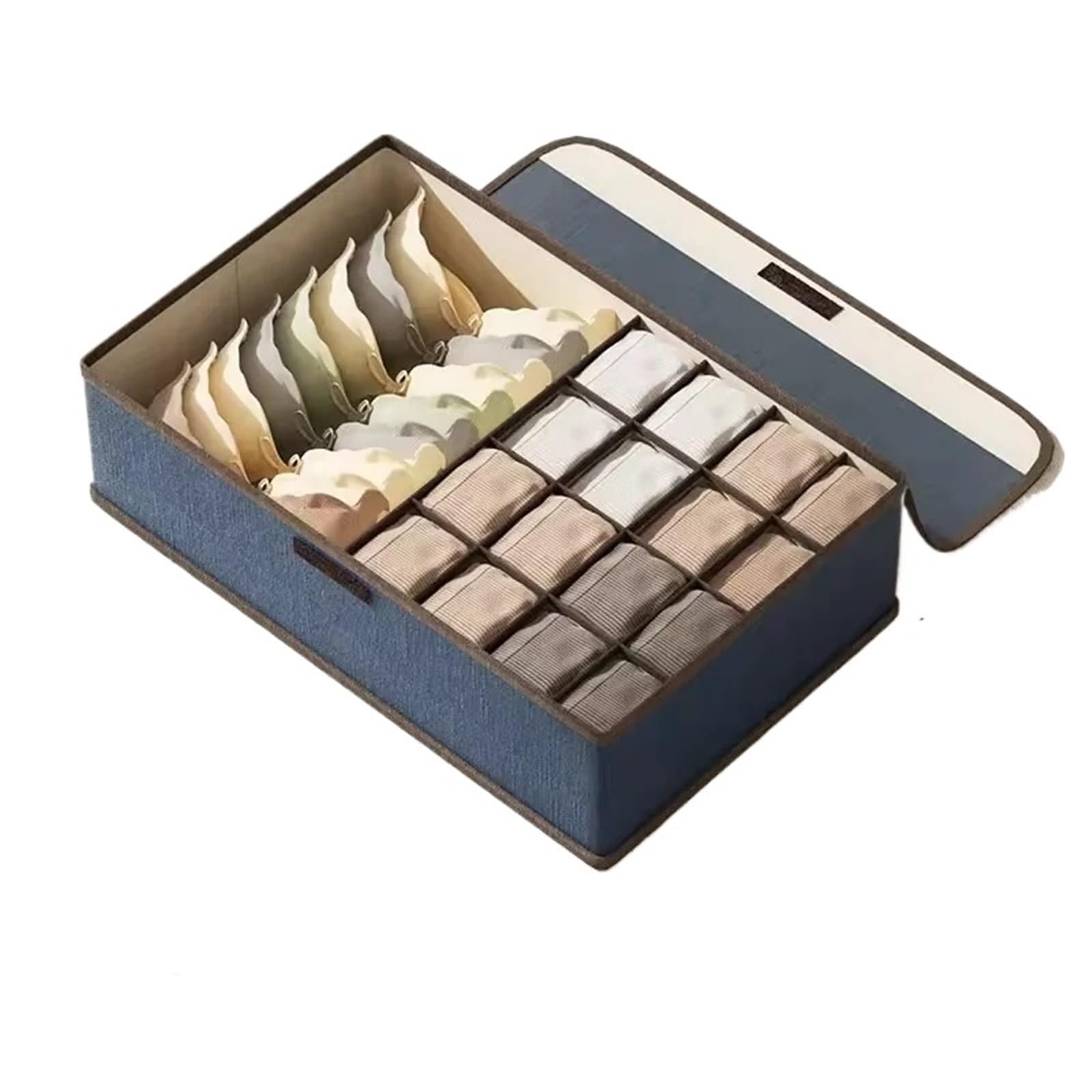 Generisch Schubladenorganizer Aufbewahrungsbox for Unterwäsche aus Baumwolle und Leinen, sechs Fächer mit Deckel, Schubladenstil(Blue 17grid)