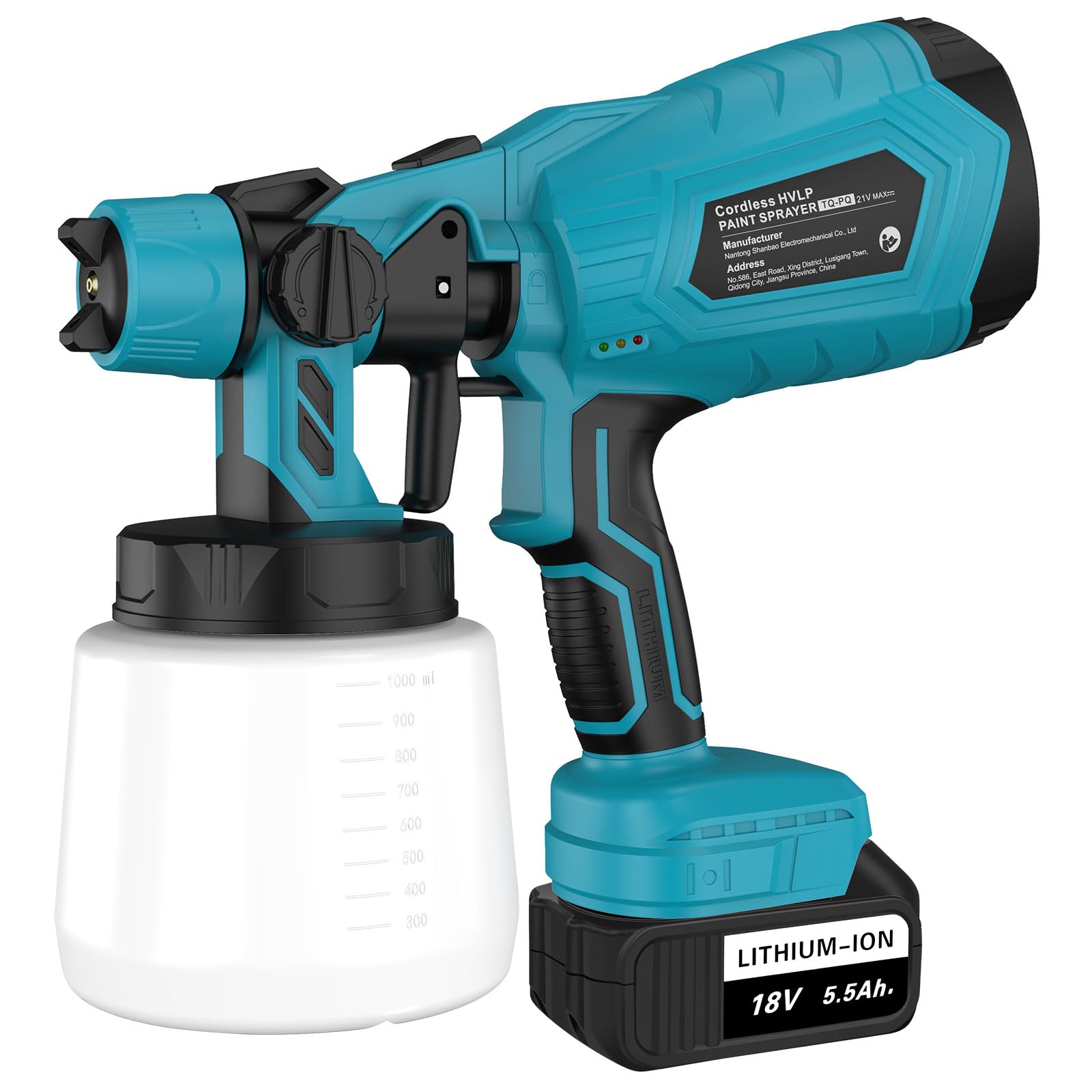 Sistema di spruzzatura a batteria, con batteria da 2 x 5500 mAh, pistola per verniciatura elettrica, 1000 ml, grande contenitore, per dipingere pareti, soffitti, mobili, recinzioni da giardino
