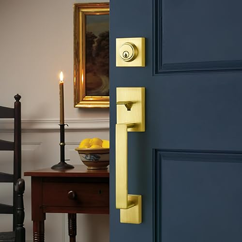 Miniatura 2 de dairazan Moderna manija de puerta delantera de latón satinado  Cerradura de puerta de entrada con cerrojo de un solo cilindro, juego de palanca de