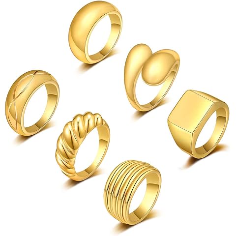 KOHOTA 6PCS Thick Dome Chunky Rings for Women 18K Gold Plated Braided Twisted Signet Ring Big Croissant Ring Minimalist Statement Ring Size 5-9