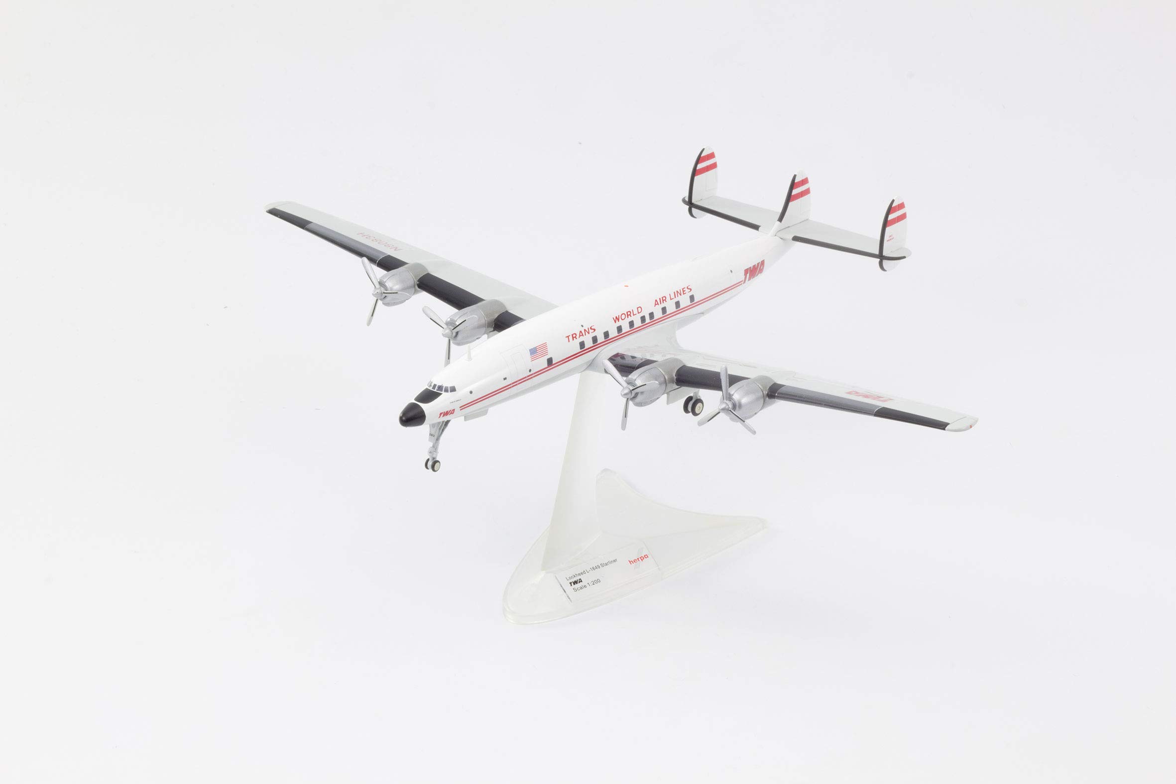 Herpa model samolotu TWA - Trans World Airlines Lockheed L-1649A Jetstream, skala 1/200, model, egzemplarz kolekcjonerski, bez podstawki, figurka metalowa