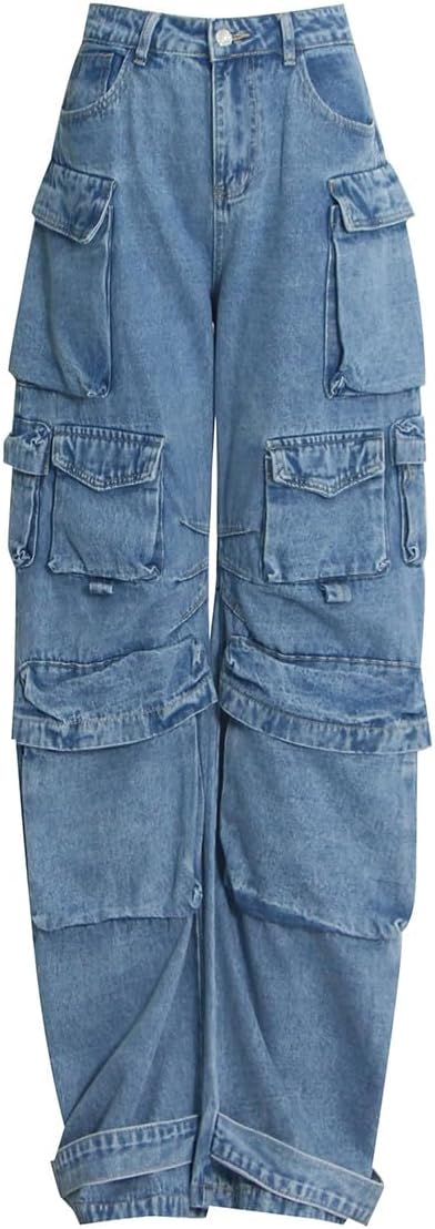 Wide Leg Jeans for Women Straight Tube Loose Hip Hop Cool Street Retro Fashion Zipper Cargo Pants with Pocket