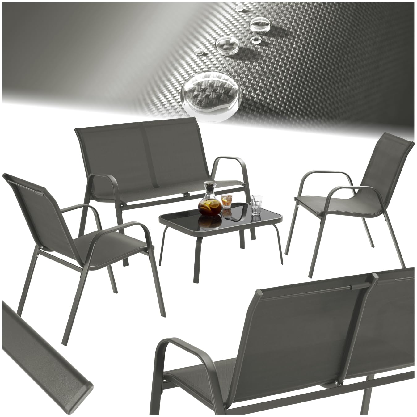 tectake® Conjunto Jardin Exterior para 4 Personas, Muebles Jardin Exterior con Estructura de Acero, Mesa con Vidrio de Seguridad, Muebles Terraza y Sofa Terraza - Antracita