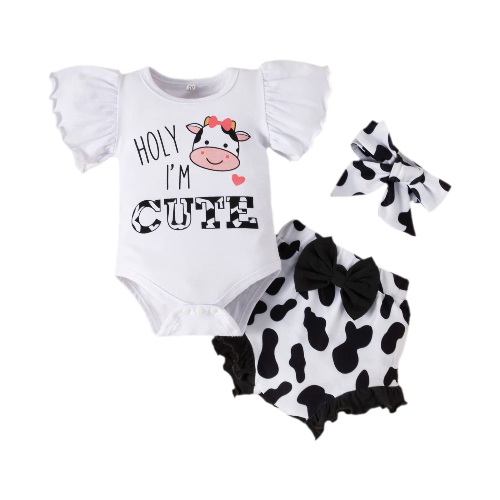 Newborn Girl Cow Romper & Bummies - Summer Toddler Infant Cow Print Outfits for 9-12 Months