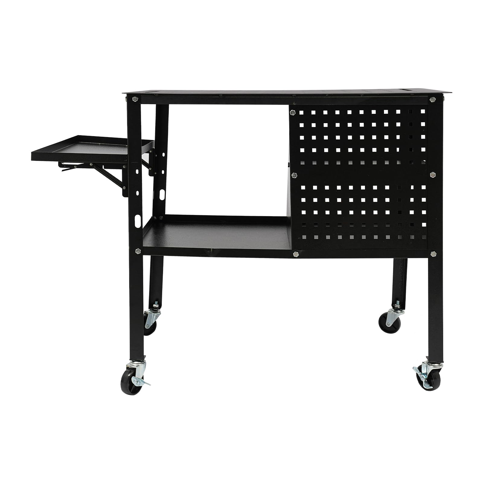 Mesa de soldadura móvil de acero, capacidad de carga de 500 kg, banco de trabajo con ruedas, mesa de trabajo con 4 ruedas, bandeja lateral plegable, placa perforada para taller, reparación de