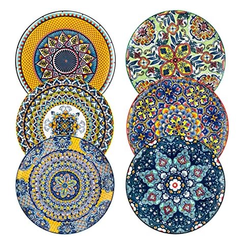 HENXFEN LEAD Dinner Plates Set of 6-10.5 Inch Large Dessert, Pasta, Salad Plate, Porcelain Colorful Serving Dishes for Kitchen & Restaurant, Dishware, Microwave & Oven safe - Bohemian Style Cover