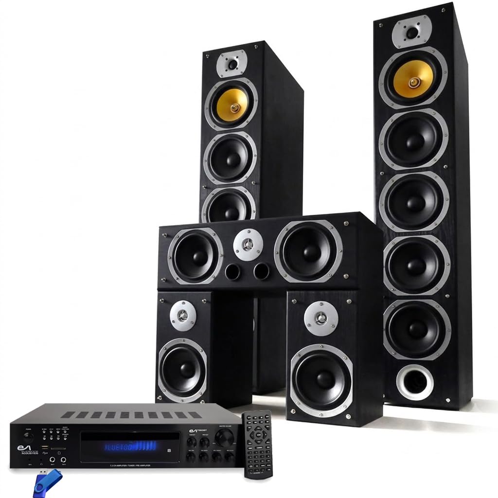 Evidence Acoustics Ensemble Home-Cinéma 5 Enceintes 1240W Colonnes 4 Voies Ampli Bluetooth USB 360W Karaoké Noir + clé USB 32Gigas
