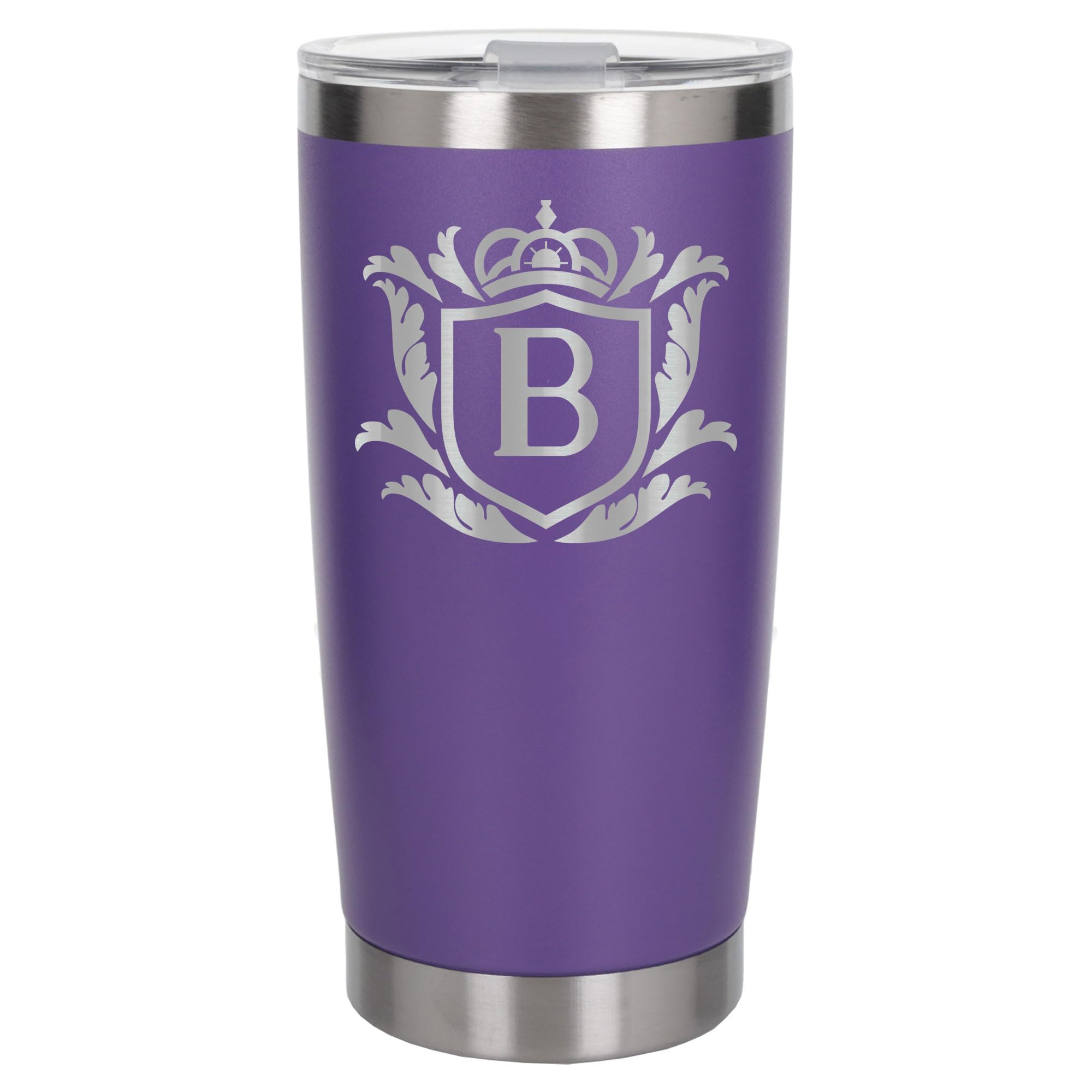Customised Gifts 500ml Engraved Shield Initial Monogram Insulated Personalised Purple Travel Mug for Men and Women - Personalised Initial Coffee Travel Mug for Hot and Cold Beverages, Letter B