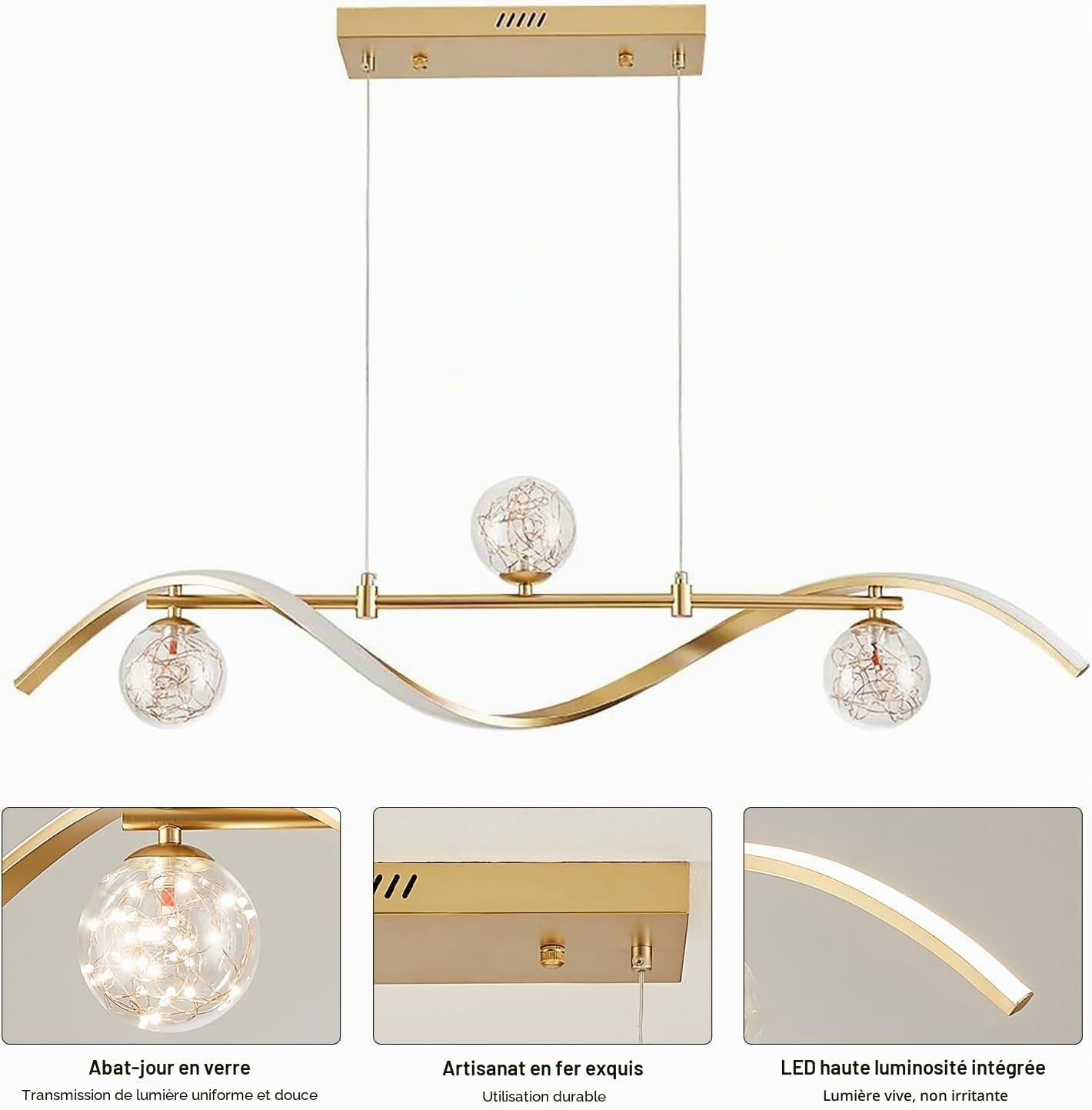 Suspension LED moderne linéaire hauteur réglable salle à manger lustre dimmable style nordique abat-jour en verre lampe suspendue 3000-6000K plafonnier table à manger salon bar café lampe(Gold)