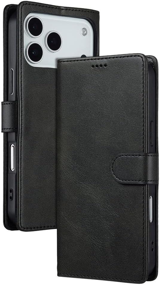 Wallet Case for iPhone 17 Pro Max/17 Pro/Air/17, Magnetic Flip Full Coverage Protection Kickstand Credit Card Holder Leather Folio Retro Cover(Black,17)