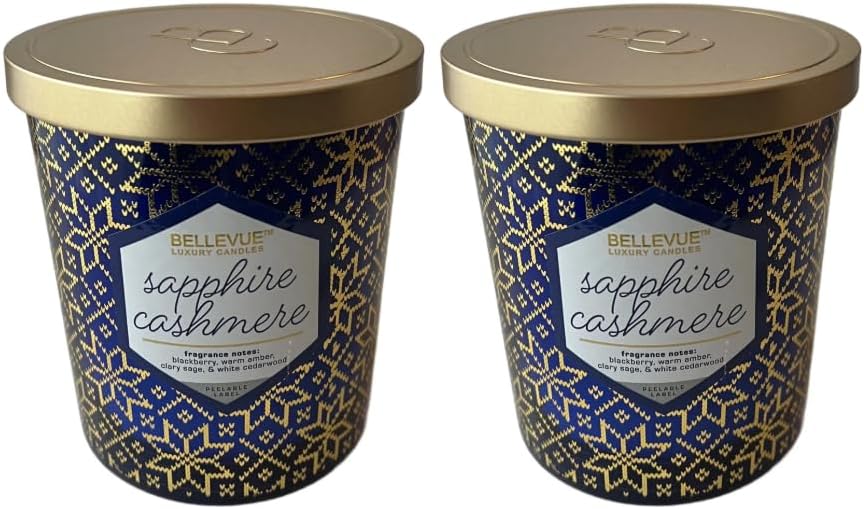 Bellevue Luxury Candles, 12 OZ Fragranced Candle, Soy Blend Wax, Essential Oils, Long-Lasting Burn, Home Fragrances, Aromatherapy Home Scented Candles Scent Sapphire Cashmere Pack of 2
