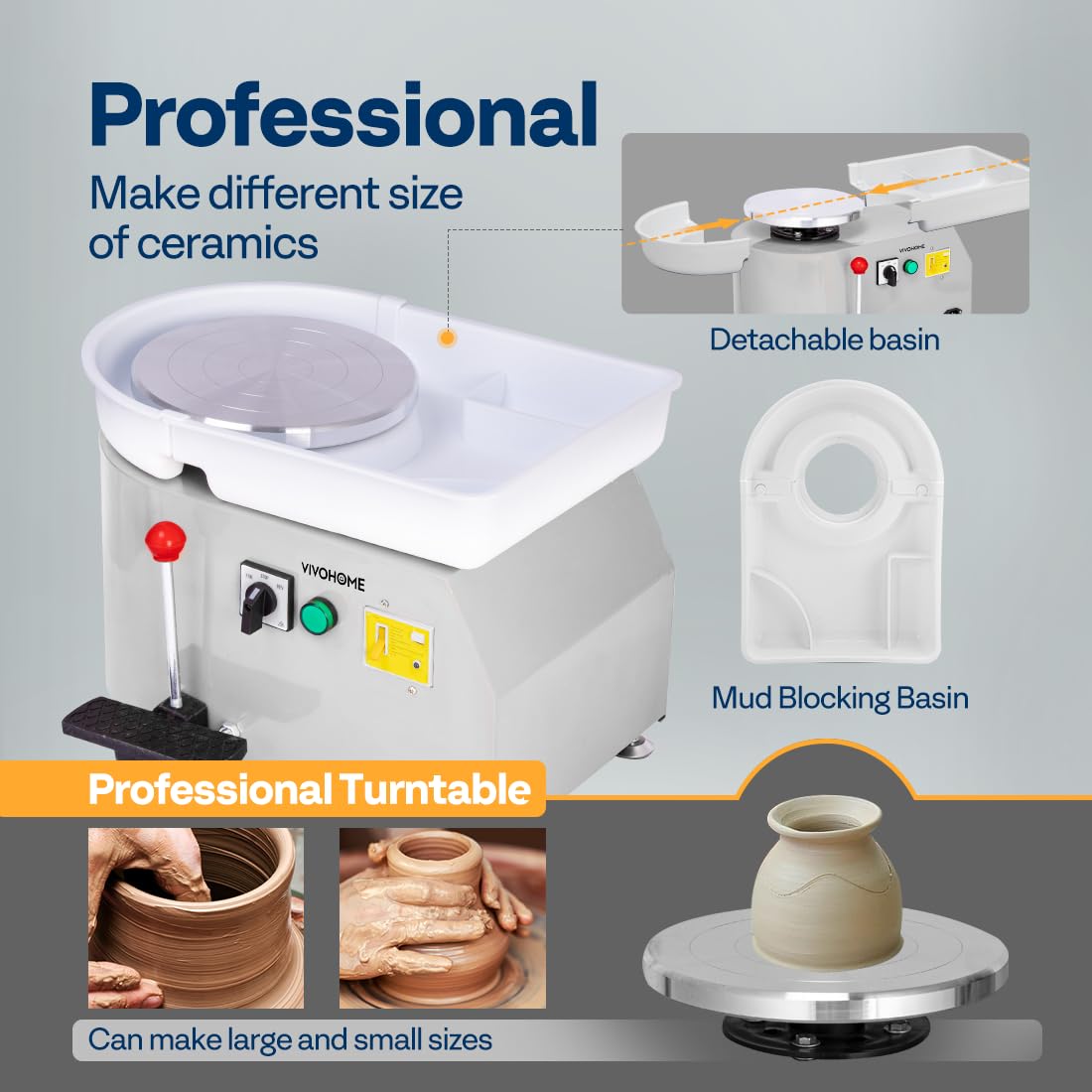 VIVOHOME 25CM Pottery Wheel Forming Machine 350W Electric DIY Clay Tool with Foot Pedal and Detachable Basin for Ceramic Work Art Craft Gray
