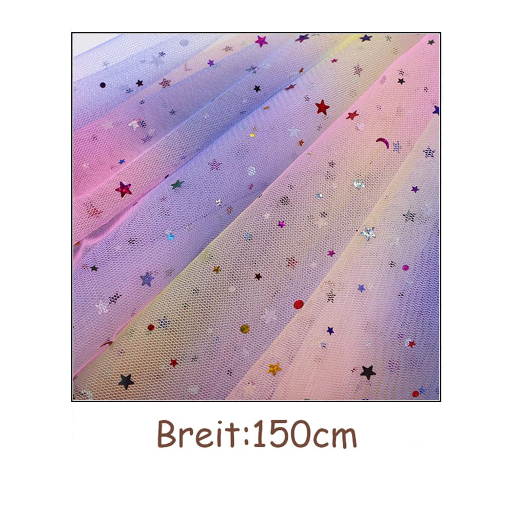 25 Yards Regenbogen Tüllstoff 150cm Breit Glitzer Stern Mond Pailletten Netzstoff Funkelnder Mesh Spitzenstoff Organzastoff zum Nähen Dekostoff für DIY Basteln Hochzeit Party Hintergrund Kleid