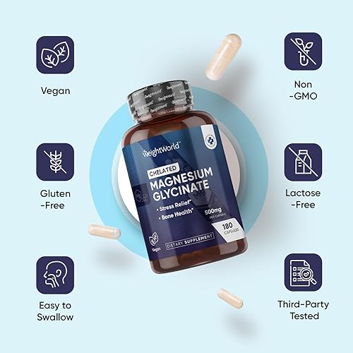 Miniatura 7 de WeightWorld Glicinato de magnesio puro 500 mg - 180 cápsulas - suministro de 6 meses - Suplemento de magnesio quelado para aliviar el estrés y la