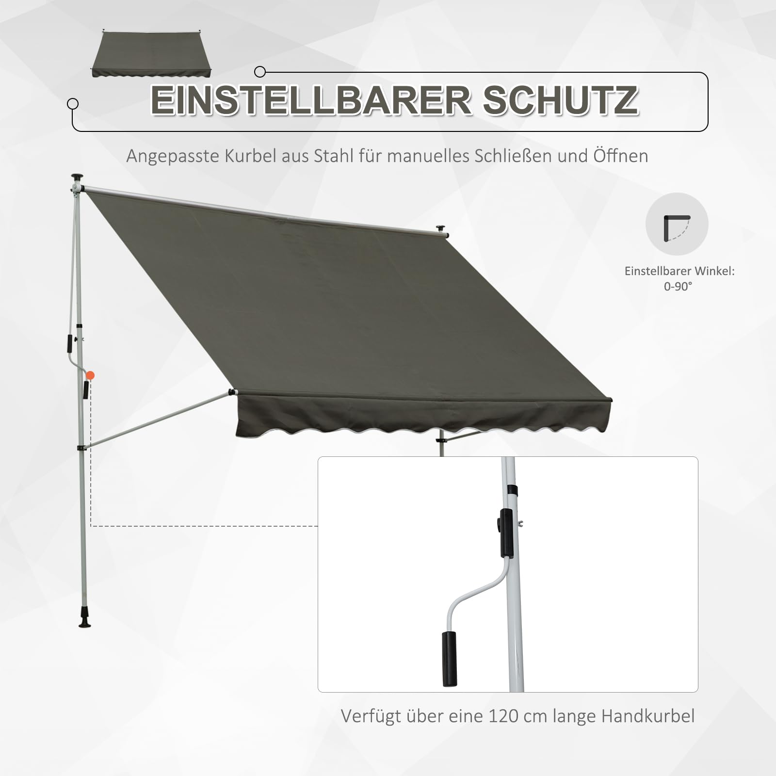 Outsunny Klemmmarkise mit Handkurbel höhenverstellbar Gelenkarmmarkise schmutzabweisend, witterungsbeständig Balkonmarkise 150cm breit Terrassenmarkise für Terrasse Balkon Veranda Grau