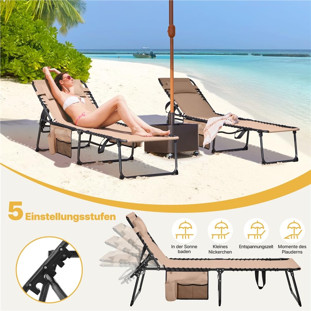 Yaheetech Sonnenliege Klappbar mit 5-Fach Verstellbarer Rückenlehne, Beige | 189x57x38cm, Stabil & Tragbar Strandliege Gartenliege Campingbett mit Kissen & Seitentasche bis 120kg für Outdoor