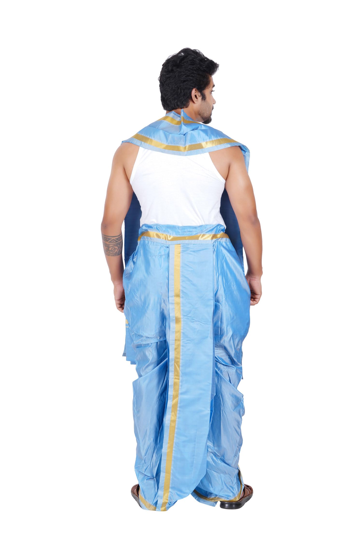 Prakasam Cotton Mens Asha (Polyester Blended) Sky Blue Colour Panjakejam (Ready To Wear) Dhoti & Towel Set With Pocket (50K)