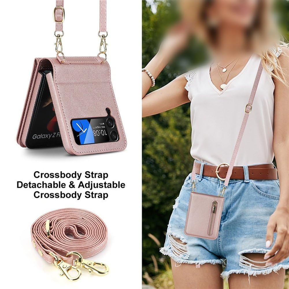 para Samsung Galaxy Z Flip 6 4 5 Z Flip 3 Funda de Lujo con Ranura para Tarjetas, Soporte para teléfono, Billetera con Cremallera, Funda Tipo Bandolera, Funda Plegable, Azul, para Z Flip 3