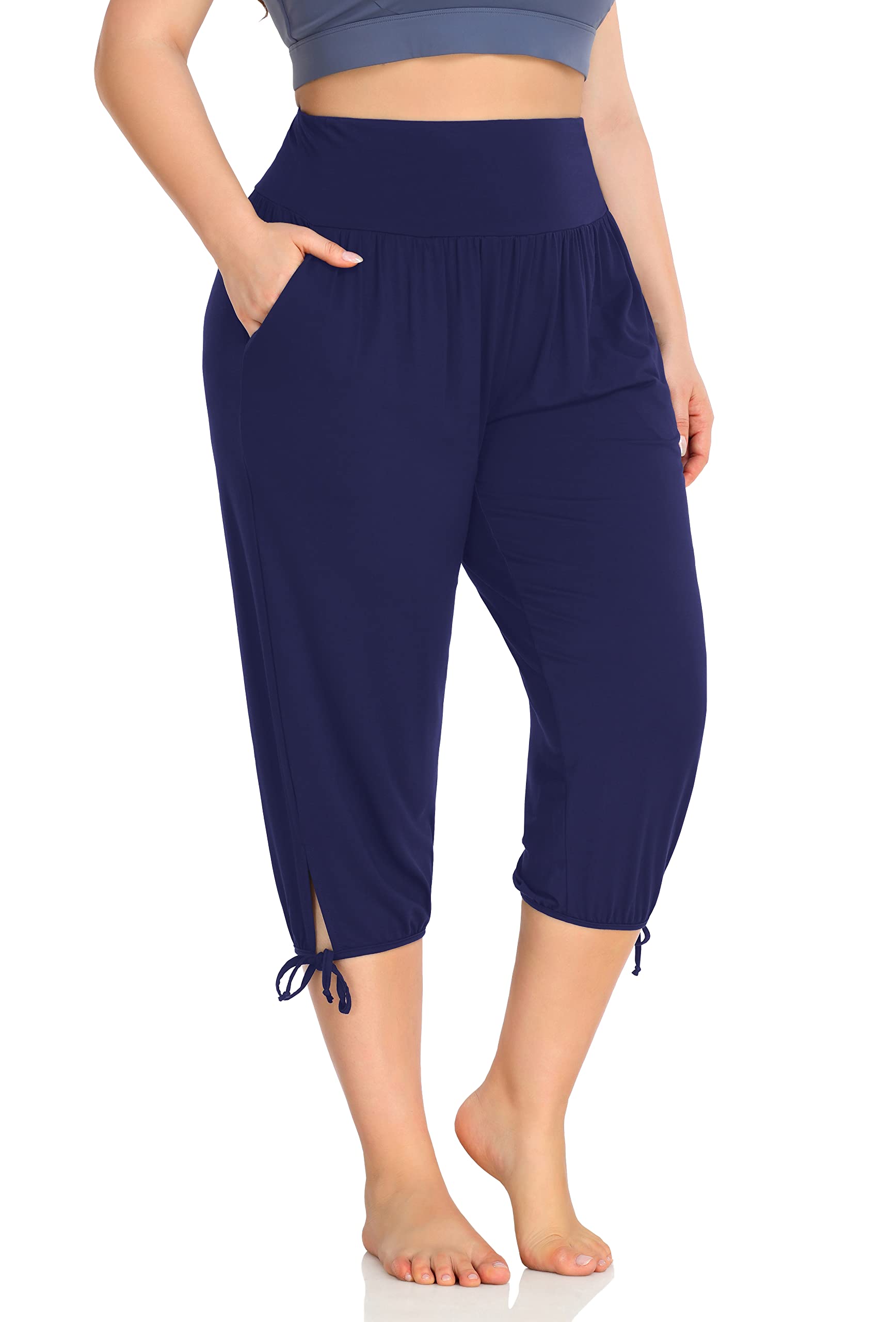 ZERDOCEAN Women's Plus Size Yoga Capri Pants Lounge Indoor Casual Comfy Relaxed Joggers with Pockets Navy 2X