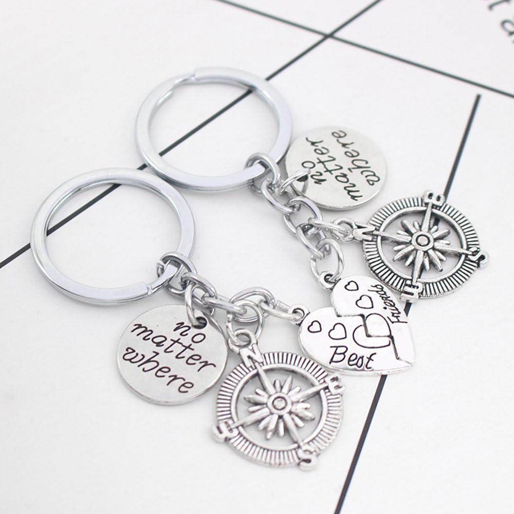 danjie 2pcs BBF Best Friends Key Chain Ring Set No Matter Where Compass Split Broken Heart Friendship Gift Unisex