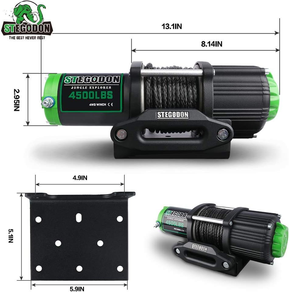 Nеw Arrіvаlѕ STEGODON New 4500 lb. Load Capacity Electric Winch,12V Black Synthetic Rope Winch with Wireless Handheld Remotes and Wired Handle,Waterproof IP67 Electric Winch with Hawse Fairlead(All-Black)