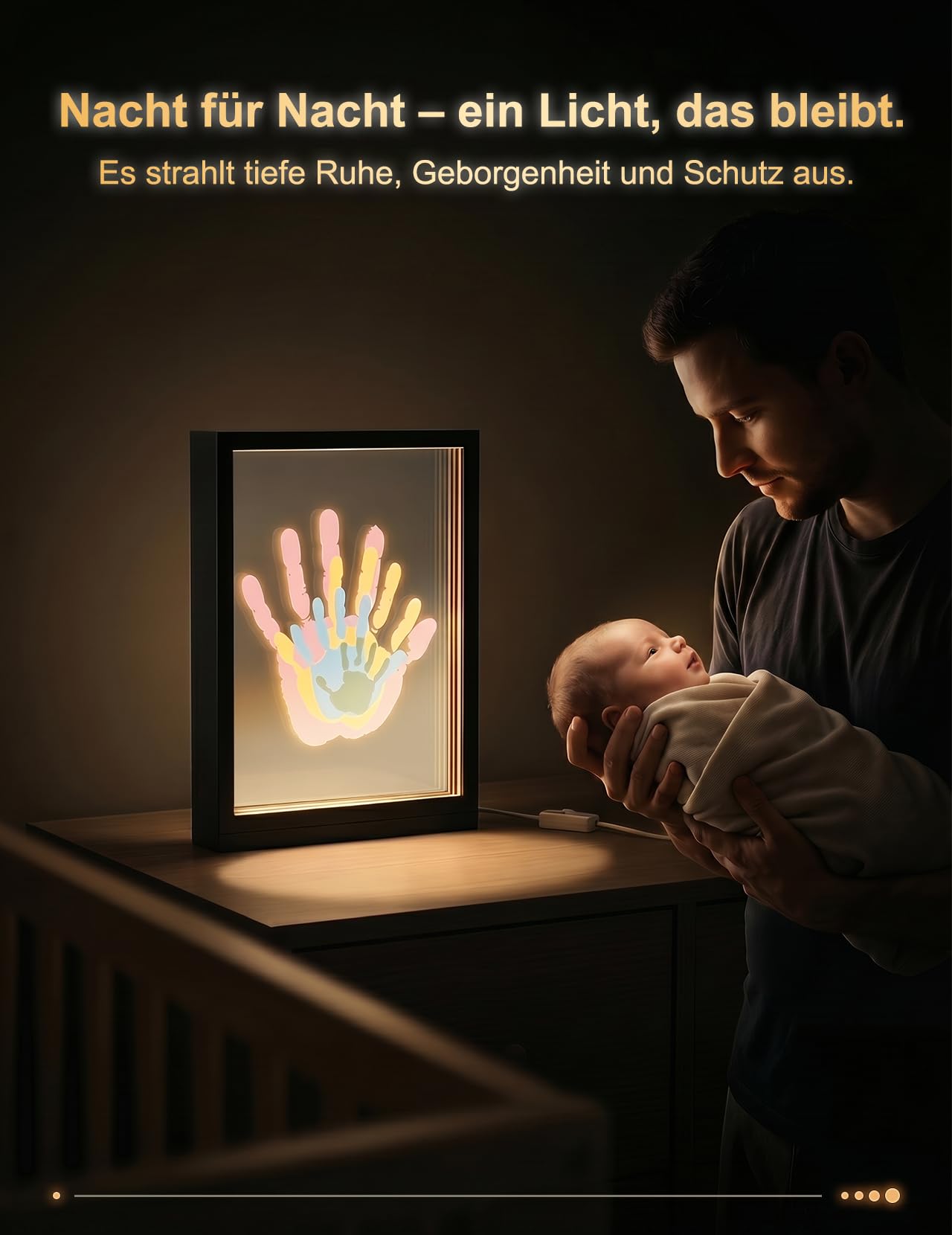 Fuerdich Beleuchteter Handabdruck Rahmen – 4 Schichten, LED Licht – Schwarz | DIY Set mit 6 Farben, Pinsel, Marker – Baby Fußabdruck, Handabdruck Familie – Geschenk Geburt, Taufe, Weihnachten – USB