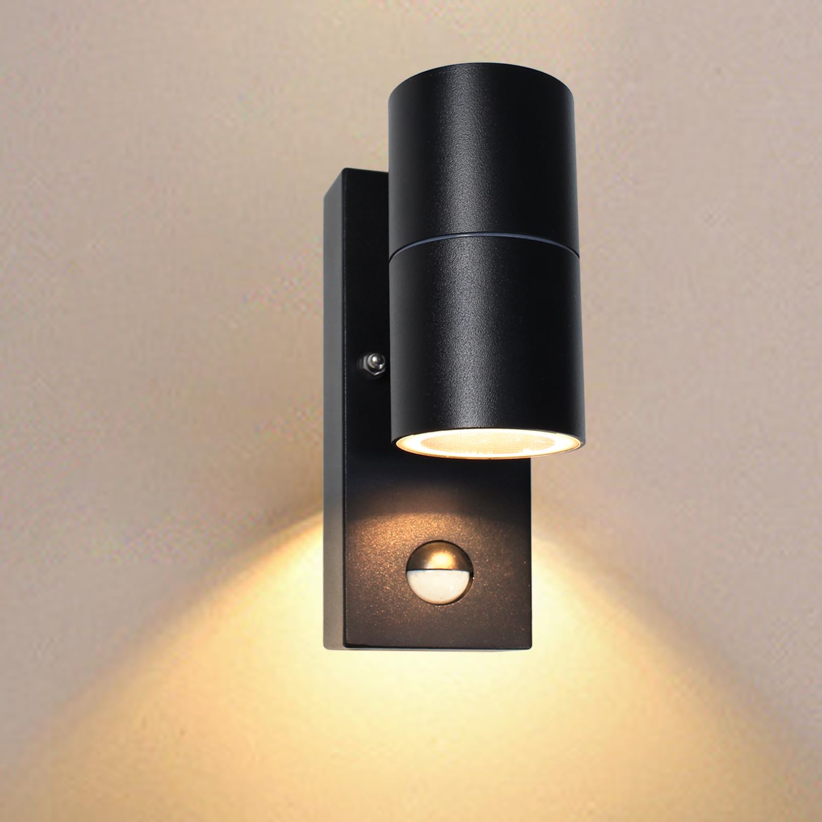Wondlumi Warm White Outdoor Wall Lights Pir Motion Sensor, Outside Lights Mains Powered 240V Ip44 Black Down Wall Lamp, Incl. 1X 5W Led Gu10 Bulbs Size 1