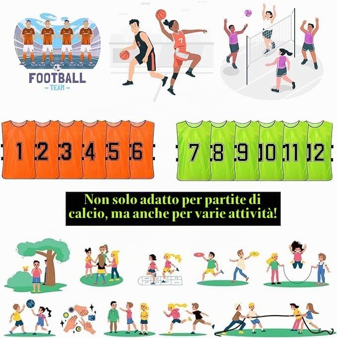 Pinnies da calcio, confezione da 24 canottiere da allenamento in 2 colori vivaci, maglie da allenamento numerate da 1 a 12, per adulti, calcio, basket, calcio e pallavolo, arancione e verde,