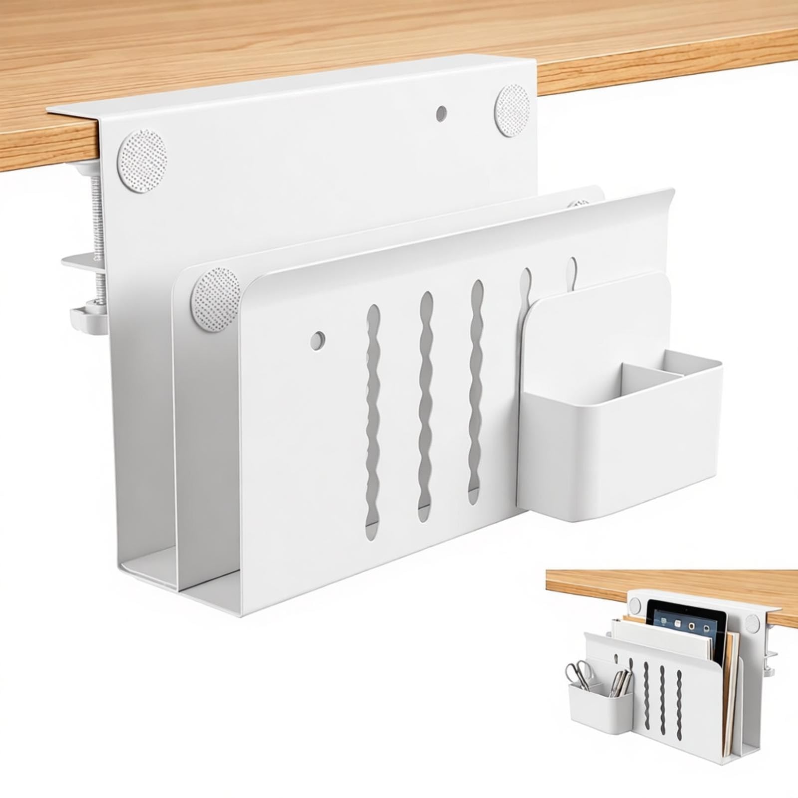 Schreibtisch Seitenaufbewahrung, Verstellbar Seitenständer Laptop Stand Kein Bohrer mit Magnetischer Stifthalter Doppellagig Desk Side Storage Notebook Halterung für Büro Zuhause, Weiß
