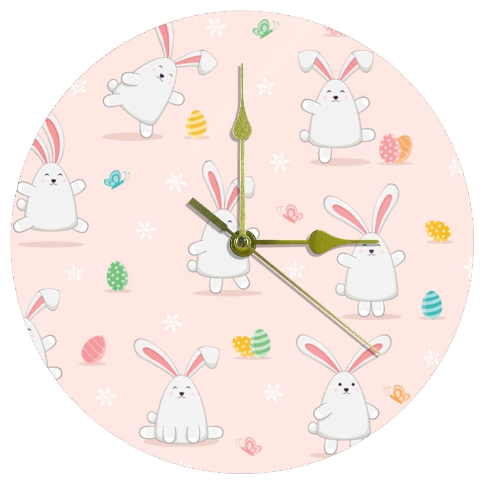 Horloge murale Lapins de Pâques 24 cm en acrylique silencieuse pour déco de salon