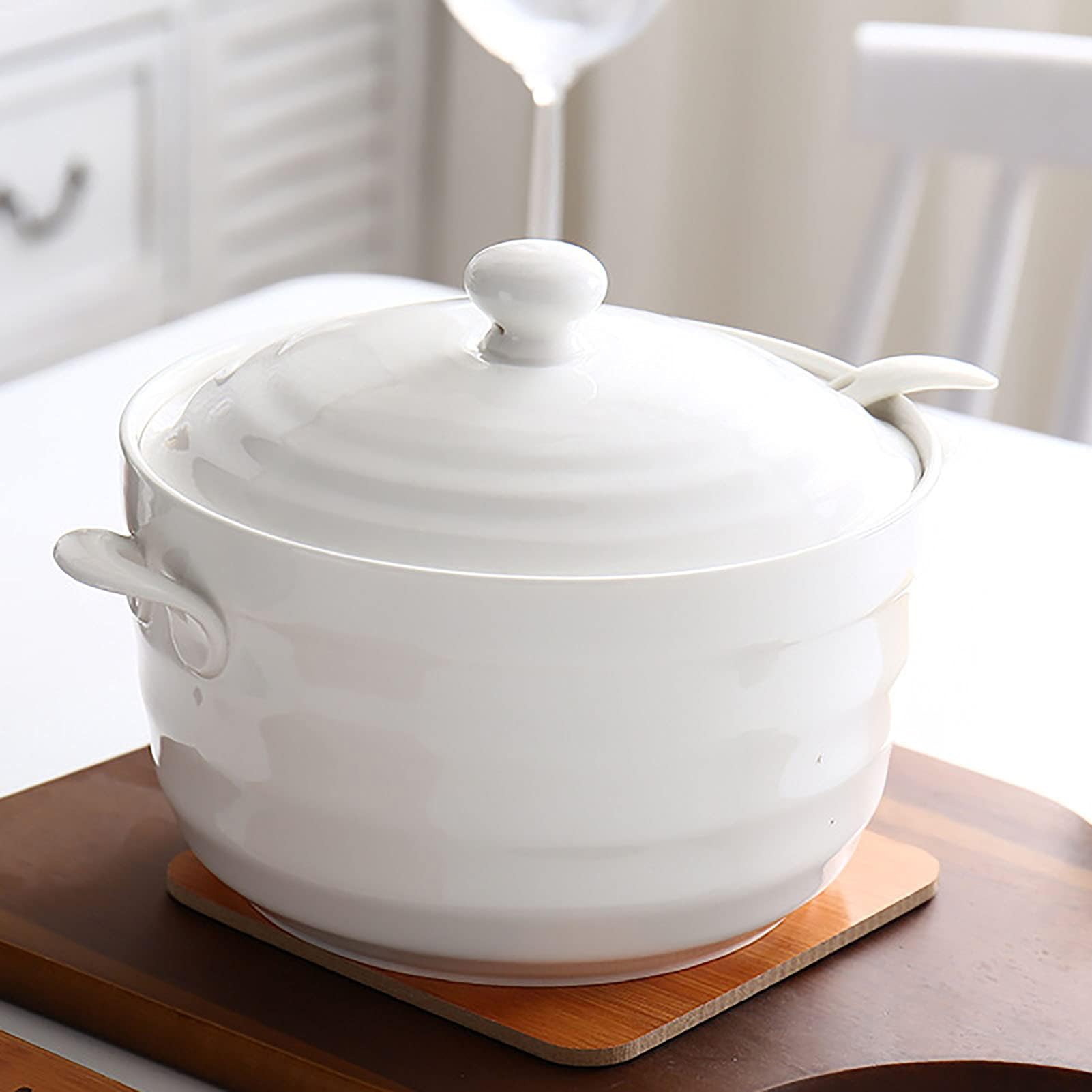 YLME Soupière en Céramique avec Couvercle - Design Blanc Élégant, pour la Cuisine de la Maison du Restaurant,2200ml