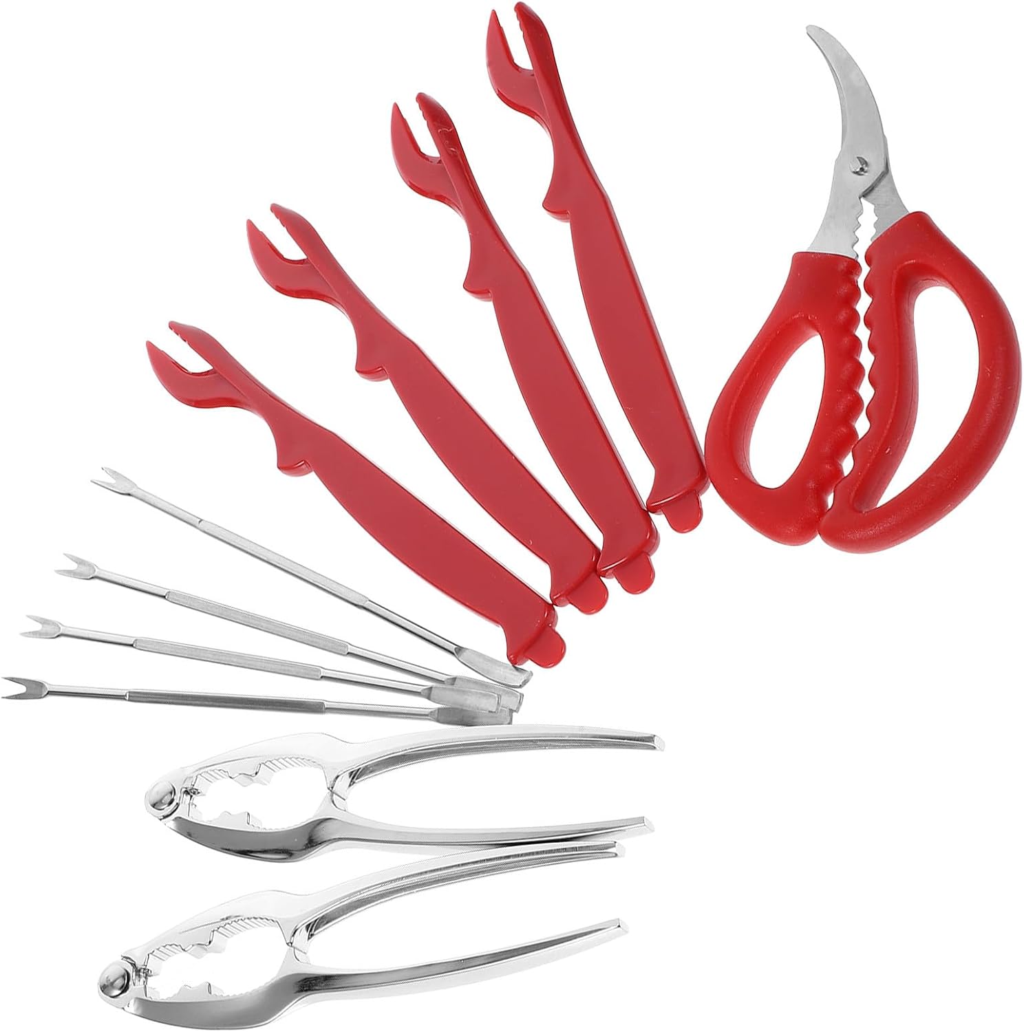Toyvian Seafood Tools Set Lobster Crackers Crab Picks Stainless Steel Shell Openers with Plastic and Steel Forks Nutcracker for Home Kitchen Cooking 4 Plastic Picks 2 Crackers 1 Small