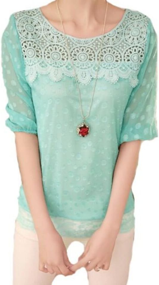 LQXin Chiffon Blouses for Women Fashion 2016 Half Sleeve Shirts Lace Top Clothes (Green, Size XL)