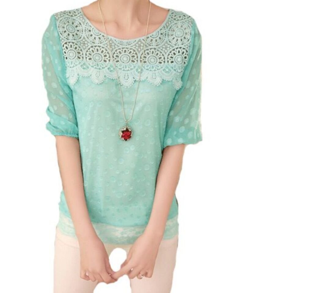 LQXin Chiffon Blouses for Women Fashion 2016 Half Sleeve Shirts Lace Top Clothes (Green, Size XL)