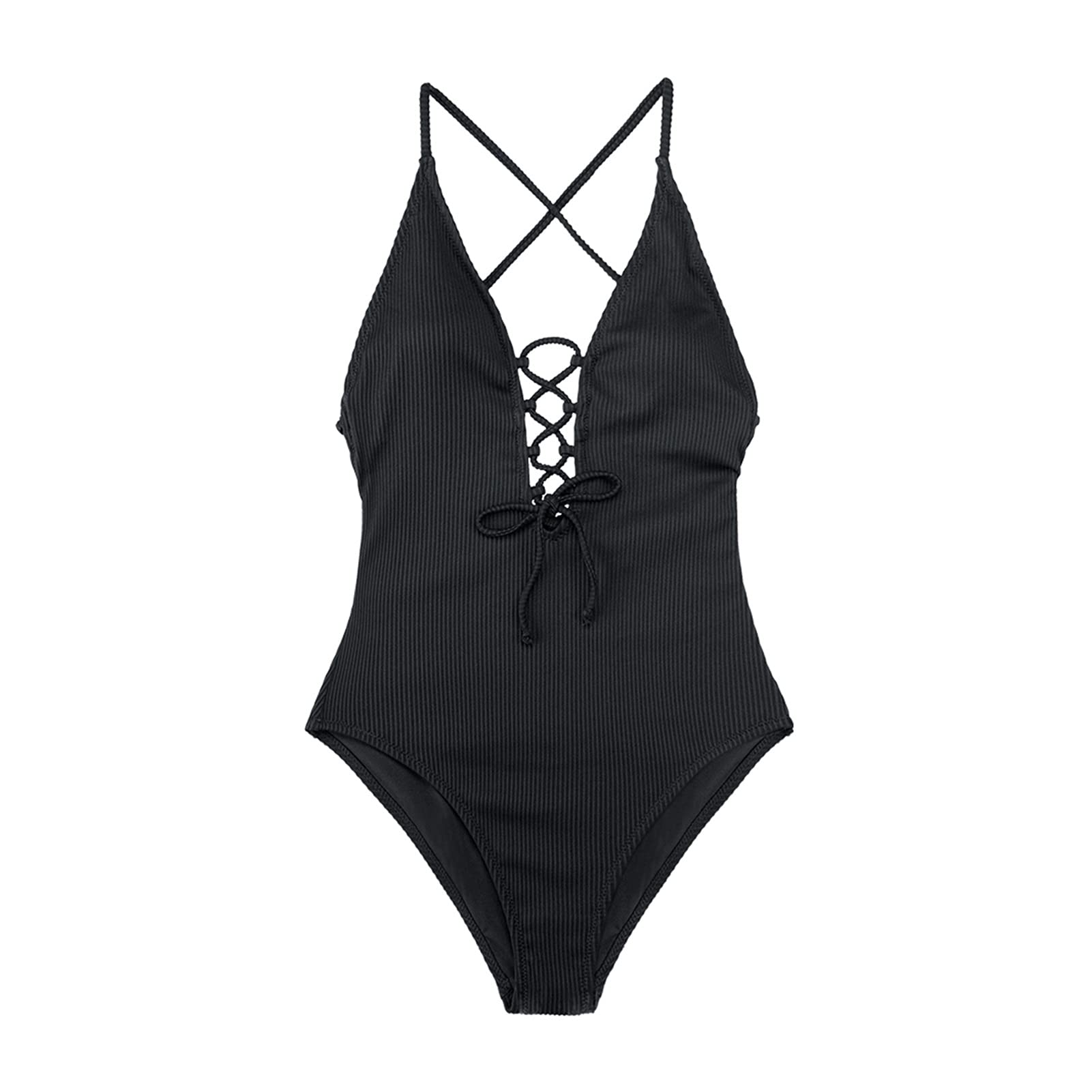 Dwuczęściowy strój kąpielowy Solidny jednoczęściowy strój kąpielowy Kobiety Backless Głębokie V Neck Lace Up Sexy Body Nowy strój kąpielowy na plaży Stroje kąpielowe Bikini Set (A XS)