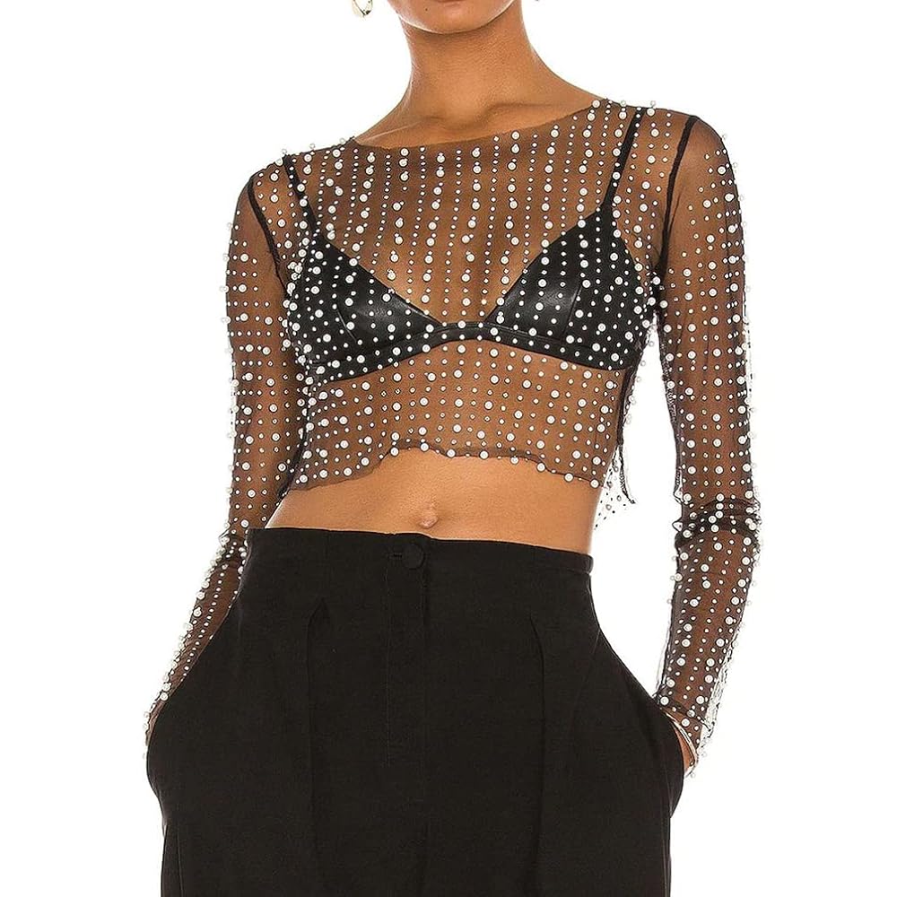 LOFAAC Women Sexy See Through Pearl Rhinestone Beaded Crop