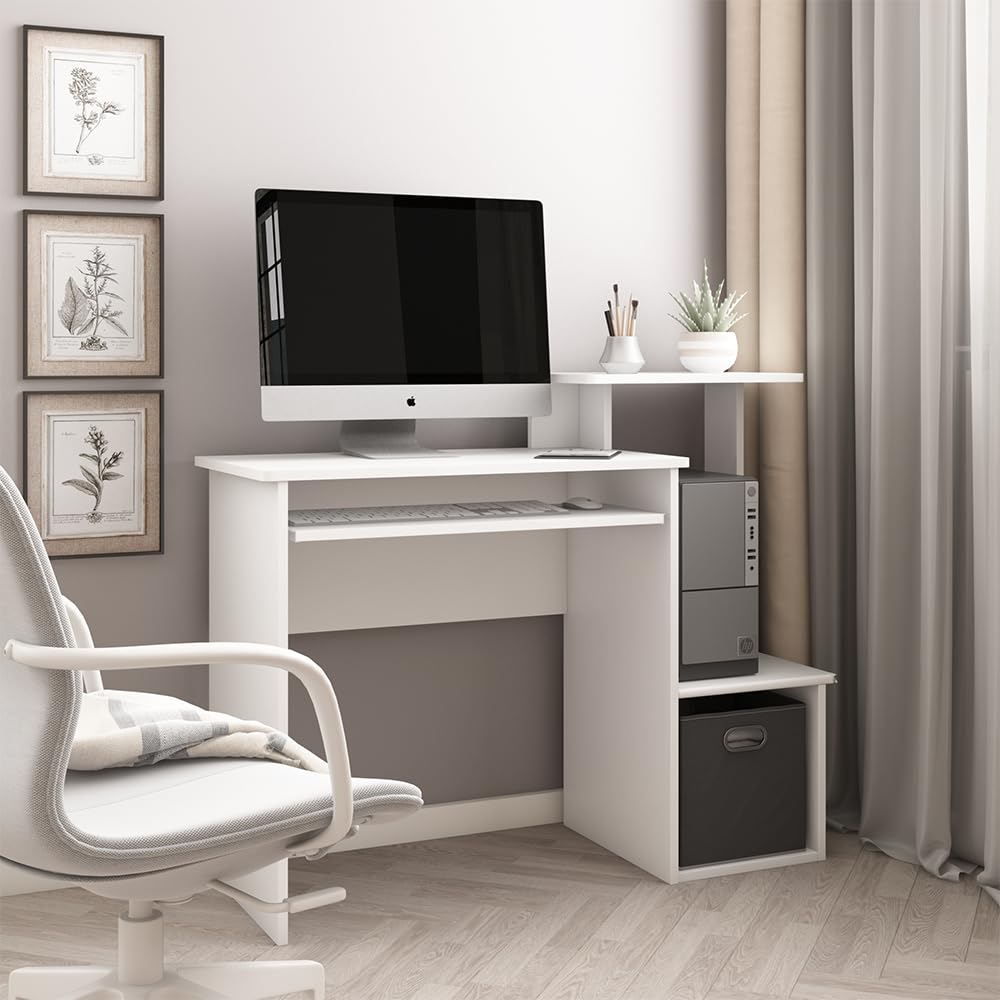 Vicco Bureau Karl, Blanc, 106x40cm | avec compartiments ouverts et plateau clavier coulissant
